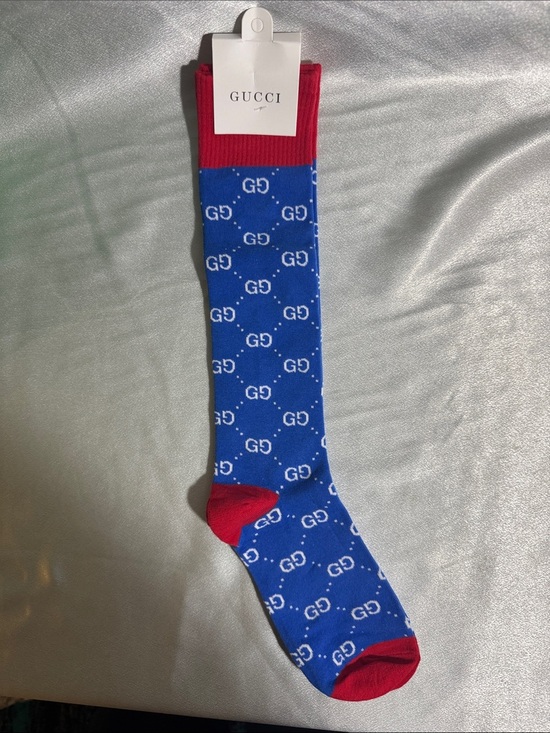Gucci Accessories - Gucci Blue Socks with Red Cuff, Heel & Toe - GG Monogram🔥New!